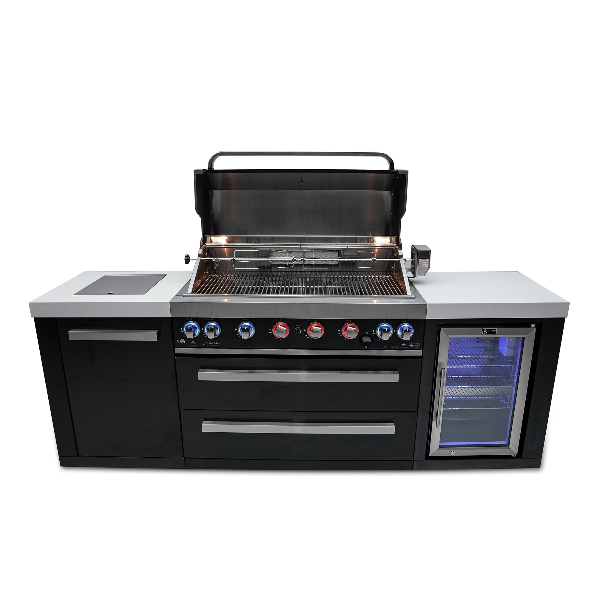 805 8 ft. Black Stainless Steel 6-Burner Outdoor Kitchen Island with Fridge Cabinet