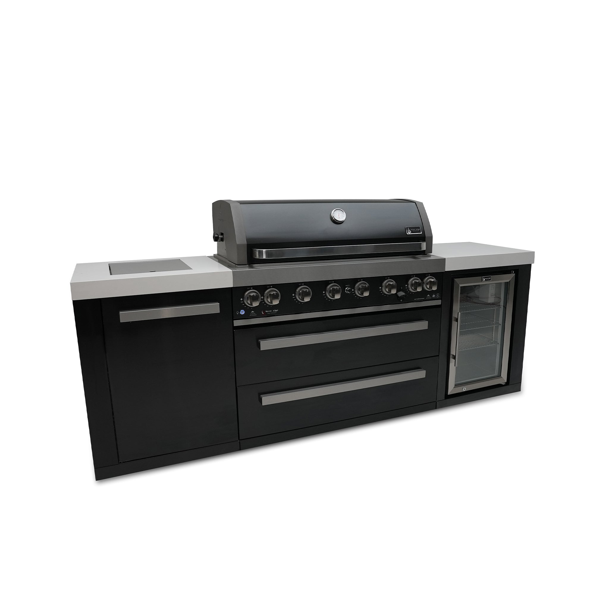 805 10 ft. Black Stainless Steel 6-Burner Outdoor Kitchen Island with 45-Degree Corners and Fridge Cabinet