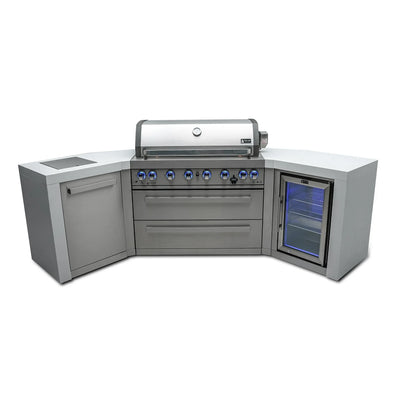 805 Deluxe 9.5 ft. Stainless Steel 6-Burner Outdoor Kitchen Island with 45 Degree Corners and Fridge Cabinet