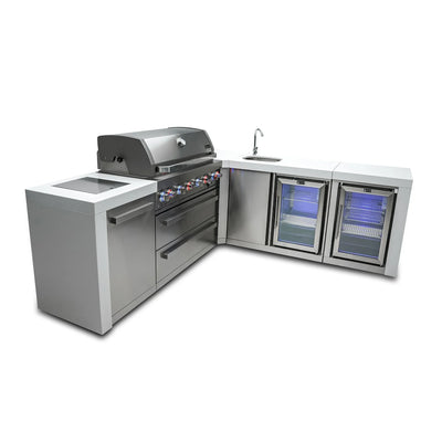 805 Deluxe Stainless Steel 6-Burner Outdoor Kitchen Island with 90-Degree Corner Beverage Center and Fridge Cabinet