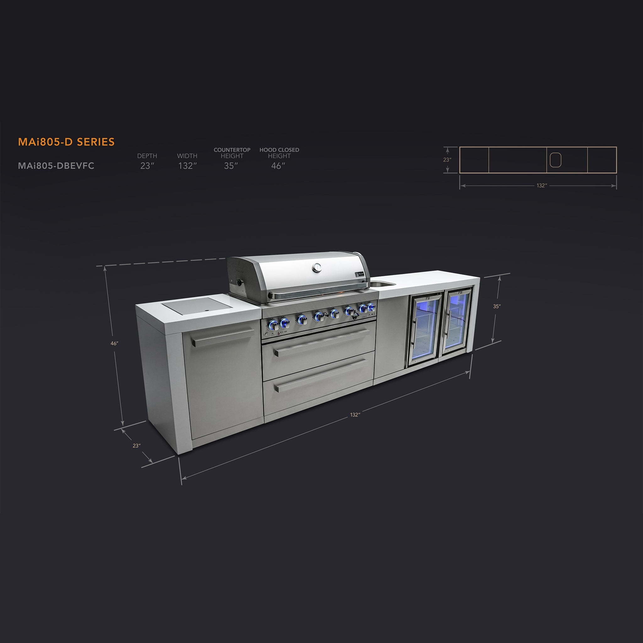 805 Deluxe 11 ft. Stainless Steel 6-Burner Outdoor Kitchen Island with Beverage Center and Fridge Cabinet