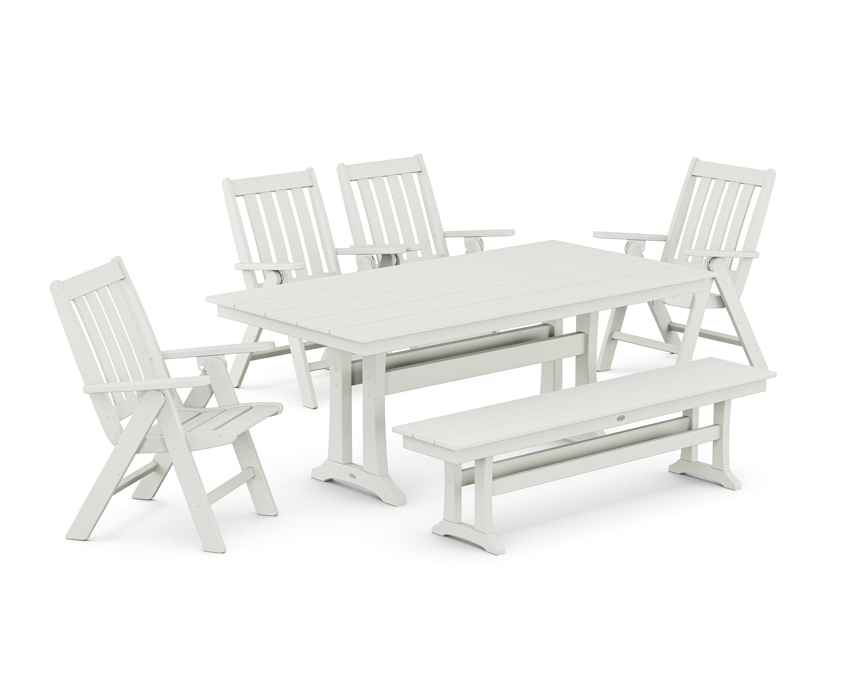 Vineyard 6-Piece Folding Chair Farmhouse Dining Set with Trestle Legs and Bench 8